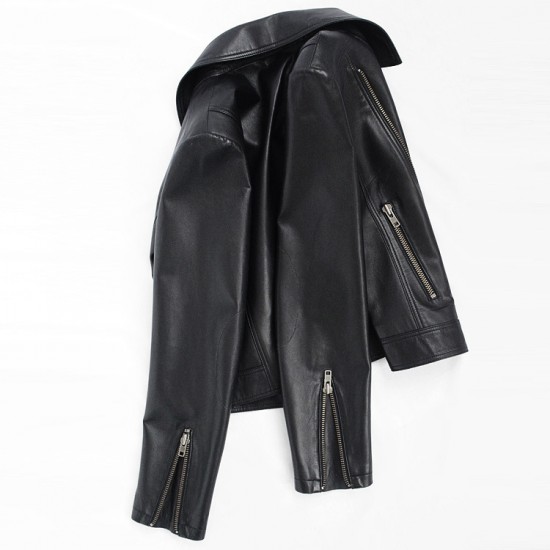 Designer Fashion Womens Jacket Chaquetas Mujer 2023 Black Genuine Sheepskin Leather Coat Jacket for Women