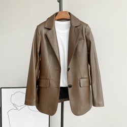 Women Girl Sheep Leather Suit Coat Lady Real Leather Slim Jacket Fashion Clothes JT3326