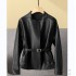 Pattern Genuine Leather Clothes Female Short Round Neck Collarless Leather Jacket Coat Short