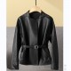 Pattern Genuine Leather Clothes Female Short Round Neck Collarless Leather Jacket Coat Short