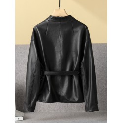 Pattern Genuine Leather Clothes Female Short Round Neck Collarless Leather Jacket Coat Short