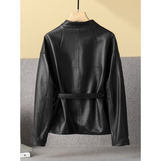 Pattern Genuine Leather Clothes Female Short Round Neck Collarless Leather Jacket Coat Short