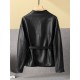 Pattern Genuine Leather Clothes Female Short Round Neck Collarless Leather Jacket Coat Short
