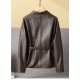 Pattern Genuine Leather Clothes Female Short Round Neck Collarless Leather Jacket Coat Short