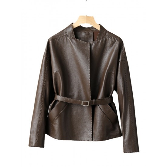 Pattern Genuine Leather Clothes Female Short Round Neck Collarless Leather Jacket Coat Short