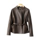 Pattern Genuine Leather Clothes Female Short Round Neck Collarless Leather Jacket Coat Short
