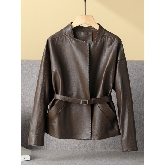 Pattern Genuine Leather Clothes Female Short Round Neck Collarless Leather Jacket Coat Short