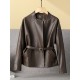 Pattern Genuine Leather Clothes Female Short Round Neck Collarless Leather Jacket Coat Short
