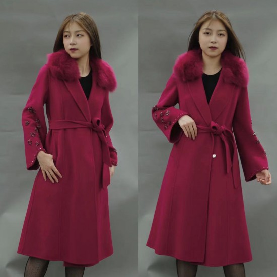 Women Cashmere Long Fur Coat Clothes Belt Lapel Long Wool Long Sleeve Coat for Women