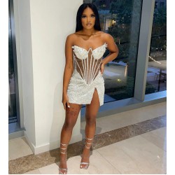 New Women Clothes Elegant Strapless Sleeveless Sexy Rhinestone Prom Party Casual Dresses