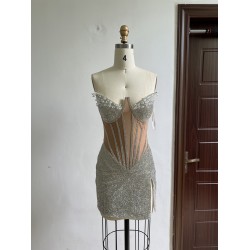 New Women Clothes Elegant Strapless Sleeveless Sexy Rhinestone Prom Party Casual Dresses