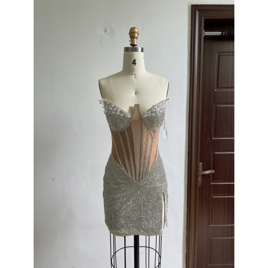 New Women Clothes Elegant Strapless Sleeveless Sexy Rhinestone Prom Party Casual Dresses