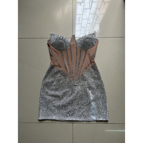 New Women Clothes Elegant Strapless Sleeveless Sexy Rhinestone Prom Party Casual Dresses