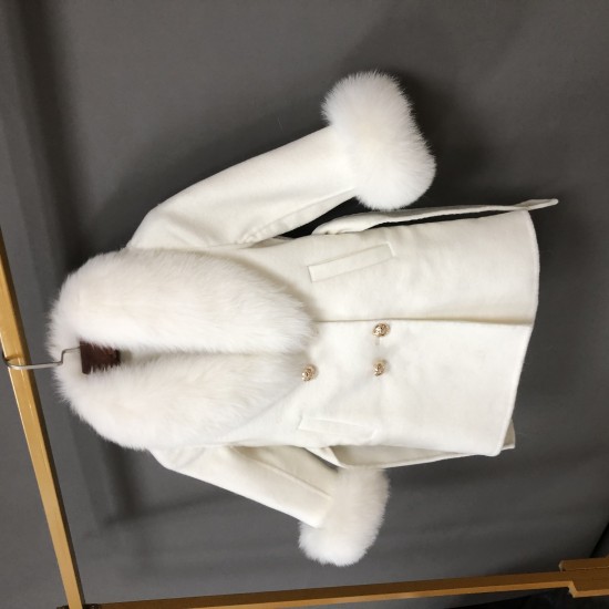 Hot Sale Winter Kids Double Faced Cashmere Coat With Real Fox Fur Collar Cuffs Girls Wool Trench Children Clothes