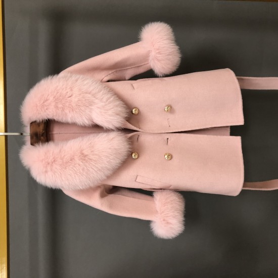 Hot Sale Winter Kids Double Faced Cashmere Coat With Real Fox Fur Collar Cuffs Girls Wool Trench Children Clothes