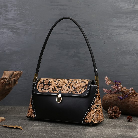 Genuine Leather Women'S Bag Artisanal Goods Original Hand-Carved Shoulder Bag First Layer Cowhide Retro Temperament Armpit Bag