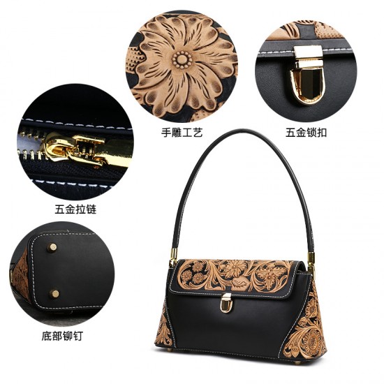 Genuine Leather Women'S Bag Artisanal Goods Original Hand-Carved Shoulder Bag First Layer Cowhide Retro Temperament Armpit Bag