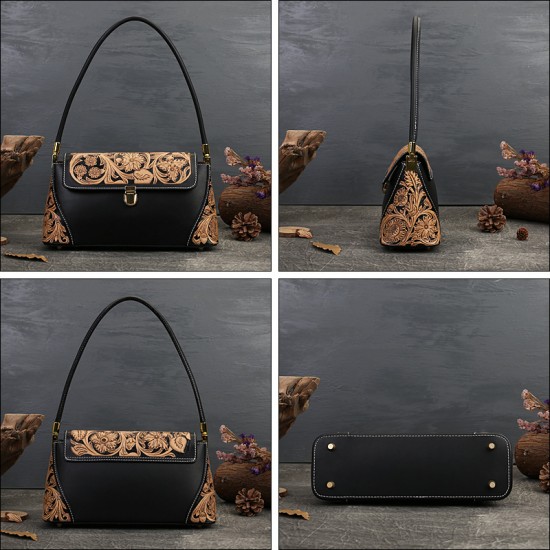 Genuine Leather Women'S Bag Artisanal Goods Original Hand-Carved Shoulder Bag First Layer Cowhide Retro Temperament Armpit Bag