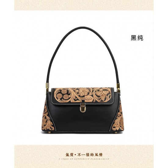 Genuine Leather Women'S Bag Artisanal Goods Original Hand-Carved Shoulder Bag First Layer Cowhide Retro Temperament Armpit Bag
