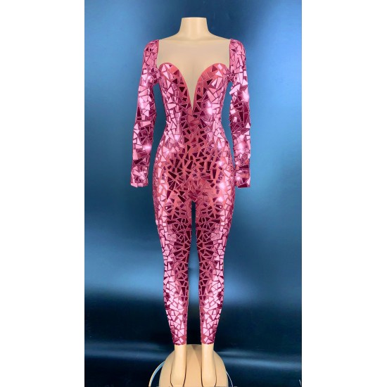 Shiny Photoshoot Mirror Sequins Ladies Rompers Dancing Clothes Long Sleeve Show Bodysuit Women Night Club Bodycon Jumpsuits