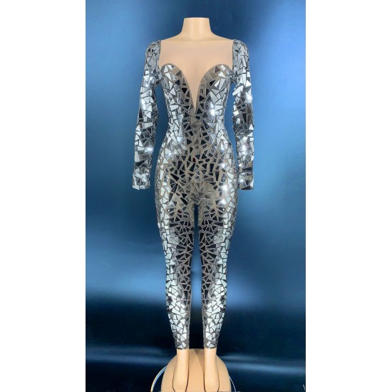 Shiny Photoshoot Mirror Sequins Ladies Rompers Dancing Clothes Long Sleeve Show Bodysuit Women Night Club Bodycon Jumpsuits