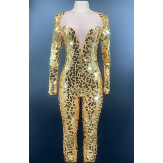 Shiny Photoshoot Mirror Sequins Ladies Rompers Dancing Clothes Long Sleeve Show Bodysuit Women Night Club Bodycon Jumpsuits