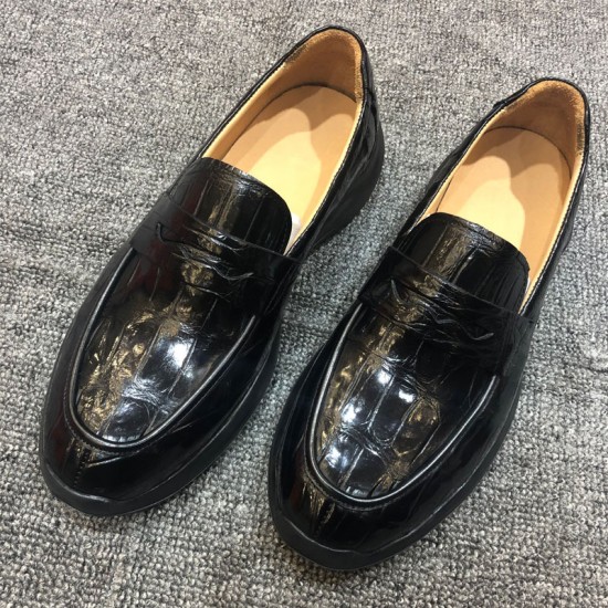 Crocodi Le Leather Casual Shoes Men's Black Real Crocodi Le Belly Leather Men's Shoes Slip-on Wear-Resistant Leather Shoes
