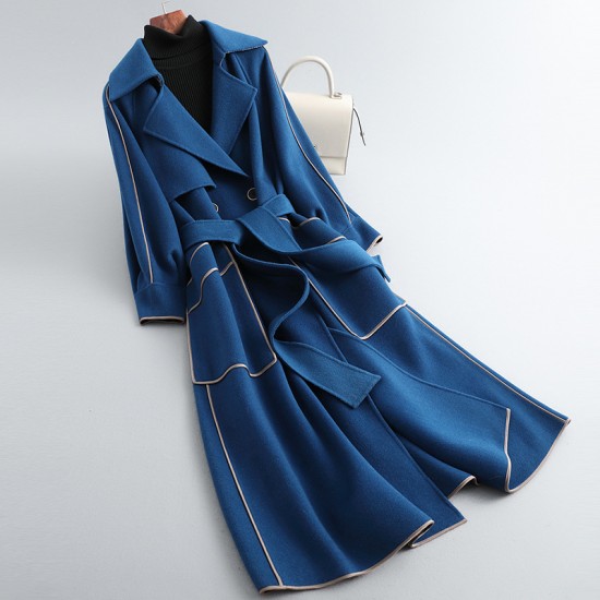 High Quality Women's Long Peacock Blue Trench Coat Classic Midi High Street Double Faced Woolen with Wool Lining S-XL Sizes