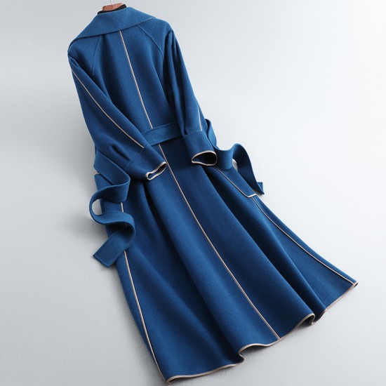 High Quality Women's Long Peacock Blue Trench Coat Classic Midi High Street Double Faced Woolen with Wool Lining S-XL Sizes