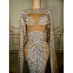 Novance Y2924  Transparent Mesh Sexy Casual Dress Crystal Fabric Rhinestone Dress Fashion Long Sleeve Casual Clothes for Ladies