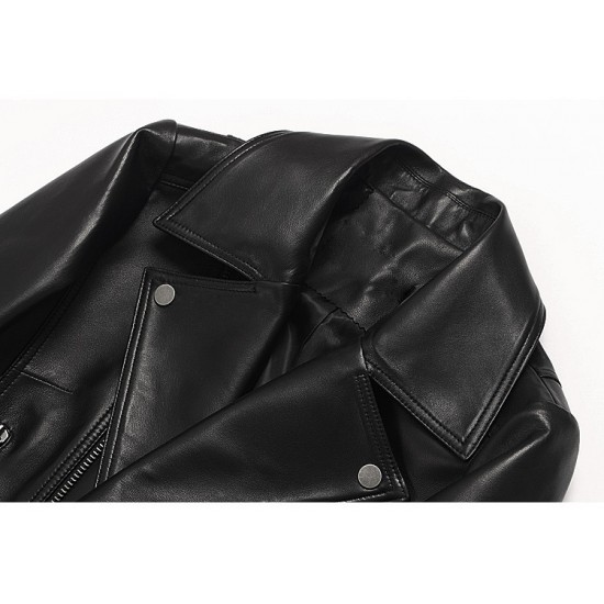 Wholesale High Quality Ladies Sheepskin Coat Chaquetas De Cuero Para Mujer Women Zipper Black Genuine Leather Motorcycle Jacket