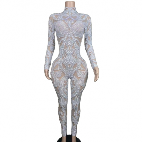 A8388 Factory Direct Custom Designer Clothes White Pearl Beading Jumpsuit Evening Sexy Women Clothes