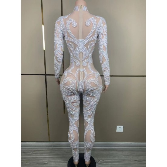 A8388 Factory Direct Custom Designer Clothes White Pearl Beading Jumpsuit Evening Sexy Women Clothes