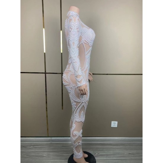 A8388 Factory Direct Custom Designer Clothes White Pearl Beading Jumpsuit Evening Sexy Women Clothes