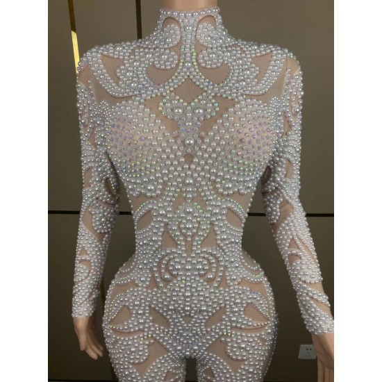 A8388 Factory Direct Custom Designer Clothes White Pearl Beading Jumpsuit Evening Sexy Women Clothes