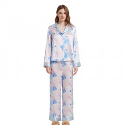 Custom Design Watercolor Printing Long Sleeves Silk Pajamas Set Satin Paj for Women