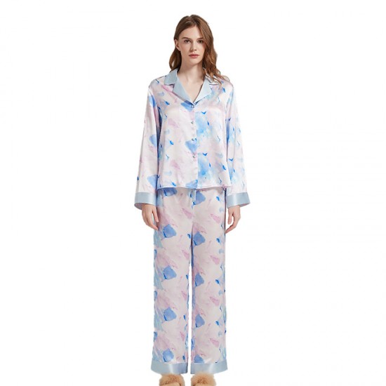 Custom Design Watercolor Printing Long Sleeves Silk Pajamas Set Satin Paj for Women