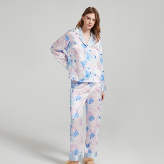 Custom Design Watercolor Printing Long Sleeves Silk Pajamas Set Satin Paj for Women