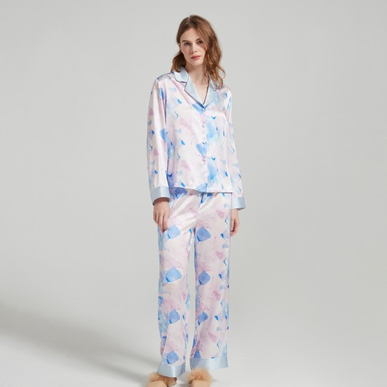 Custom Design Watercolor Printing Long Sleeves Silk Pajamas Set Satin Paj for Women