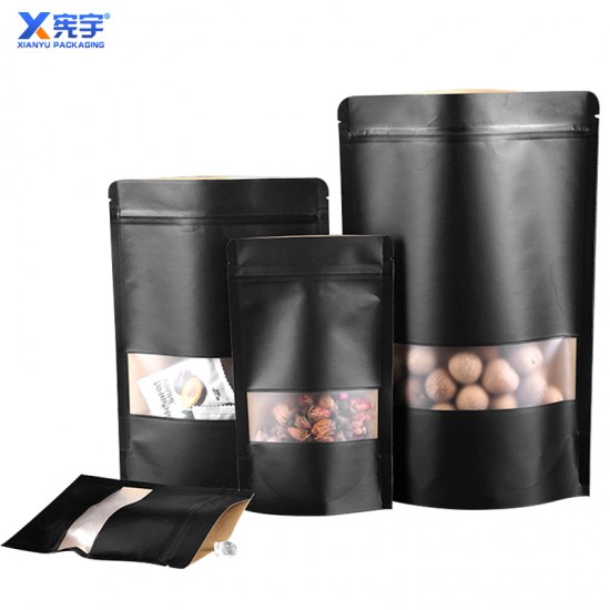 Black Kraft Paper Zipper Food Bag Moisture Proof Plastic Stand up Paper Bag With Windows Customizable Logo