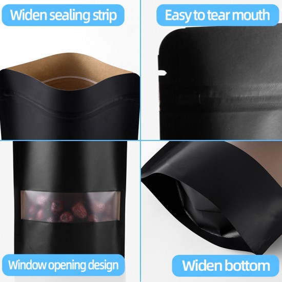 Black Kraft Paper Zipper Food Bag Moisture Proof Plastic Stand up Paper Bag With Windows Customizable Logo