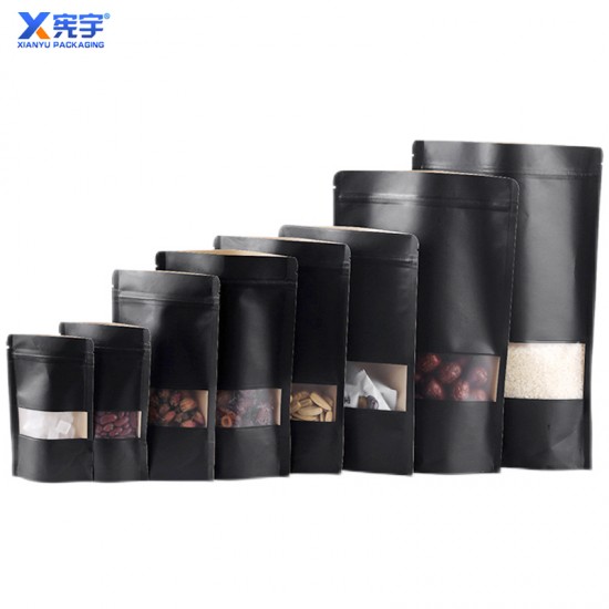 Black Kraft Paper Zipper Food Bag Moisture Proof Plastic Stand up Paper Bag With Windows Customizable Logo