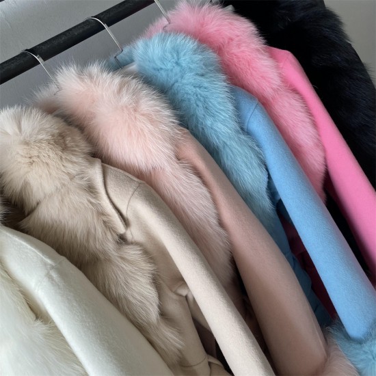 Hot Sale Winter Clothing Long Cashmere Blended Big Fox Fur Collar Coat With Belt