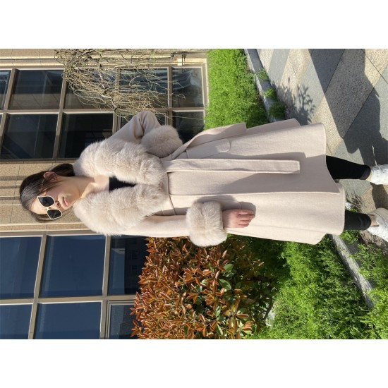 Hot Sale Winter Clothing Long Cashmere Blended Big Fox Fur Collar Coat With Belt