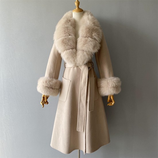 Hot Sale Winter Clothing Long Cashmere Blended Big Fox Fur Collar Coat With Belt
