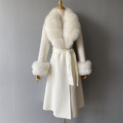 Hot Sale Winter Clothing Long Cashmere Blended Big Fox Fur Collar Coat With Belt