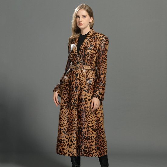 Winter Custom Fashion Long Blazer Leather Jacket Women  Genuine Sheepskin 100% Sheep Leather Coat With Leopard Pattern