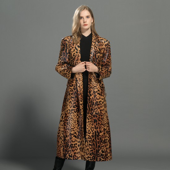 Winter Custom Fashion Long Blazer Leather Jacket Women  Genuine Sheepskin 100% Sheep Leather Coat With Leopard Pattern