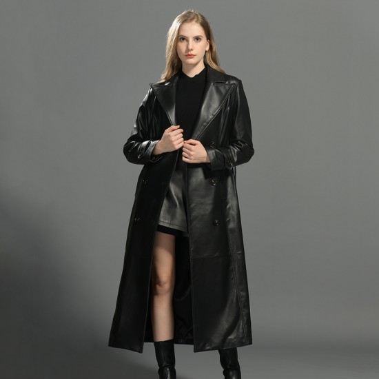 Winter Custom Fashion Long Blazer Leather Jacket Women  Genuine Sheepskin 100% Sheep Leather Coat With Leopard Pattern