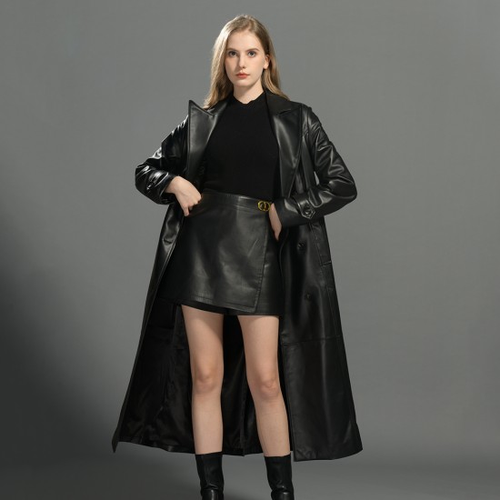 Winter Custom Fashion Long Blazer Leather Jacket Women  Genuine Sheepskin 100% Sheep Leather Coat With Leopard Pattern